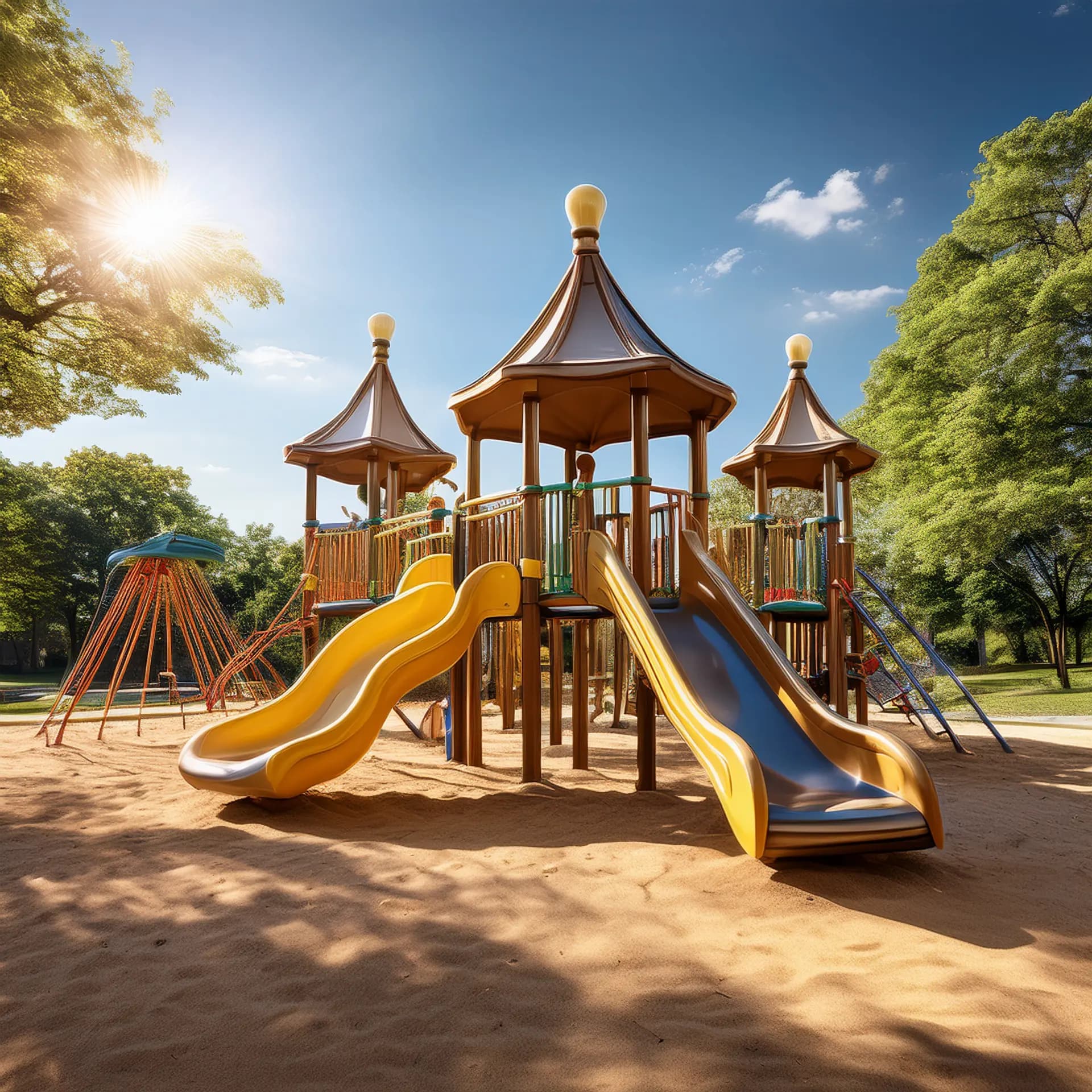 Sunny playground with slides and climbing structures